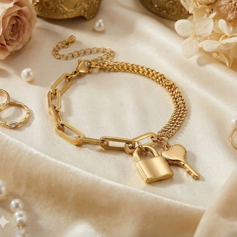 Coquette Y2K 18K Gold Padlock Heart Key Charm Layered Chain Bracelet Gift